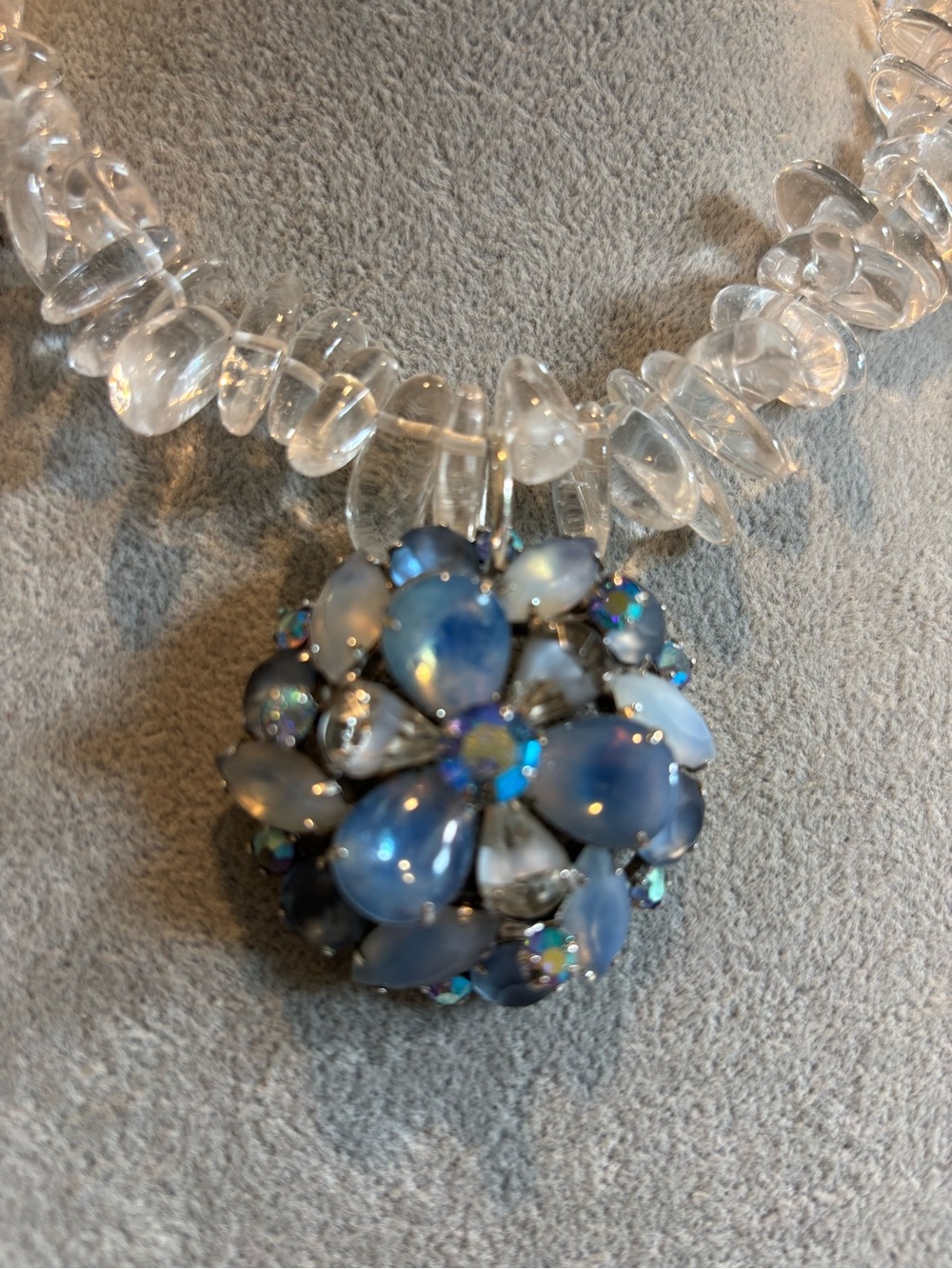 Clear Crystal Chip Necklace with Blue vintage repurposed crystal Pendant - Picture 2 of 4